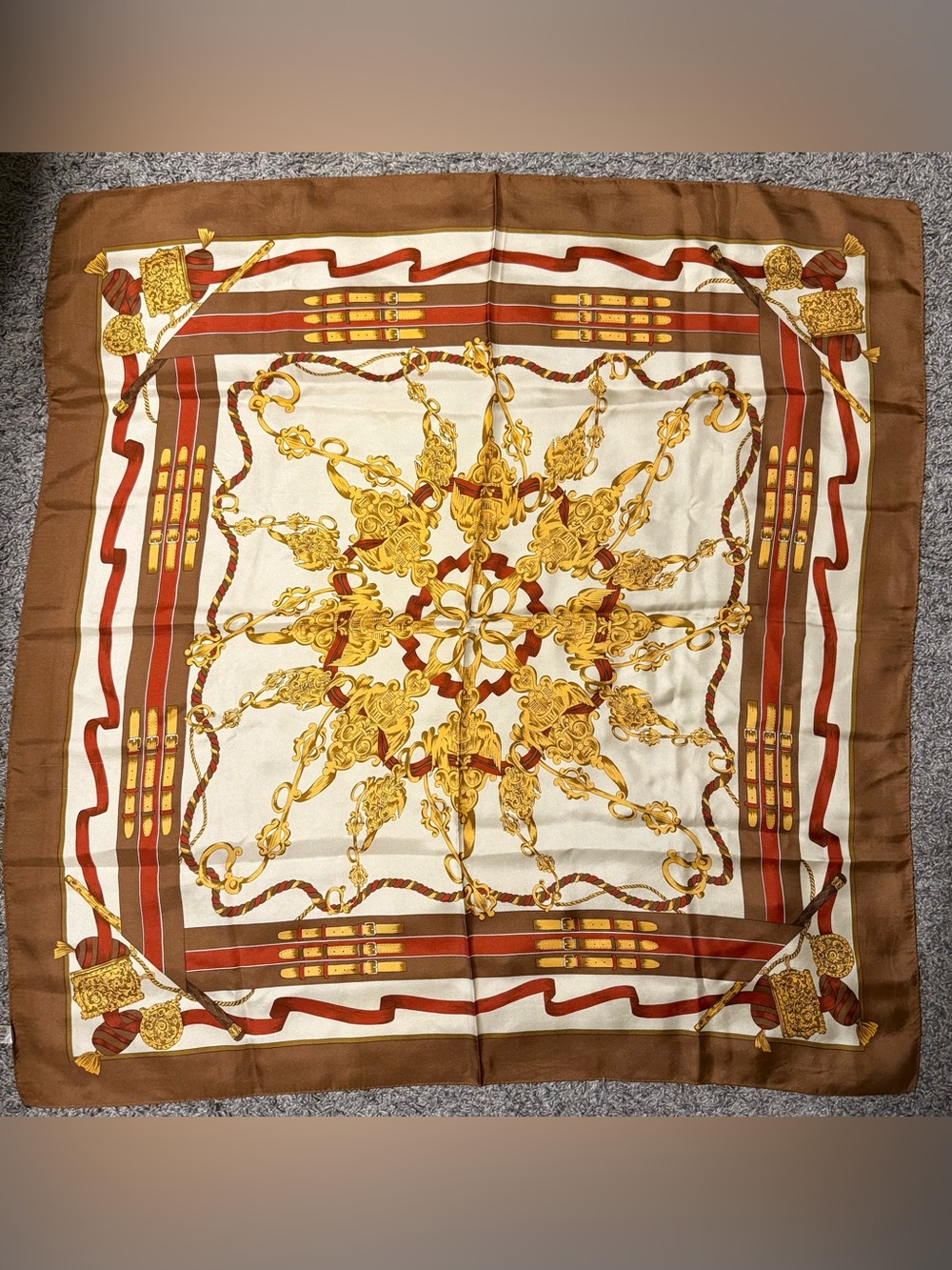 Vintage Hand Rolled Silk Scarf in Gold, Brown & Cream unbranded